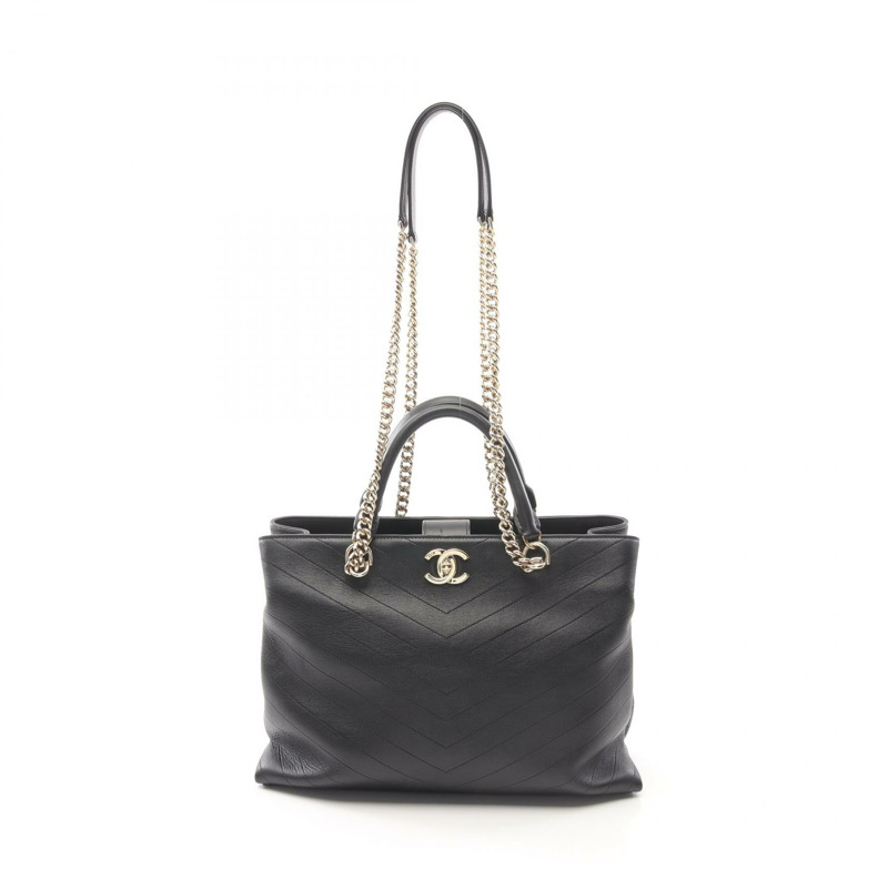 香奈兒 V 字形縫線托特包鏈條單肩包皮革黑色二手 GHW-0