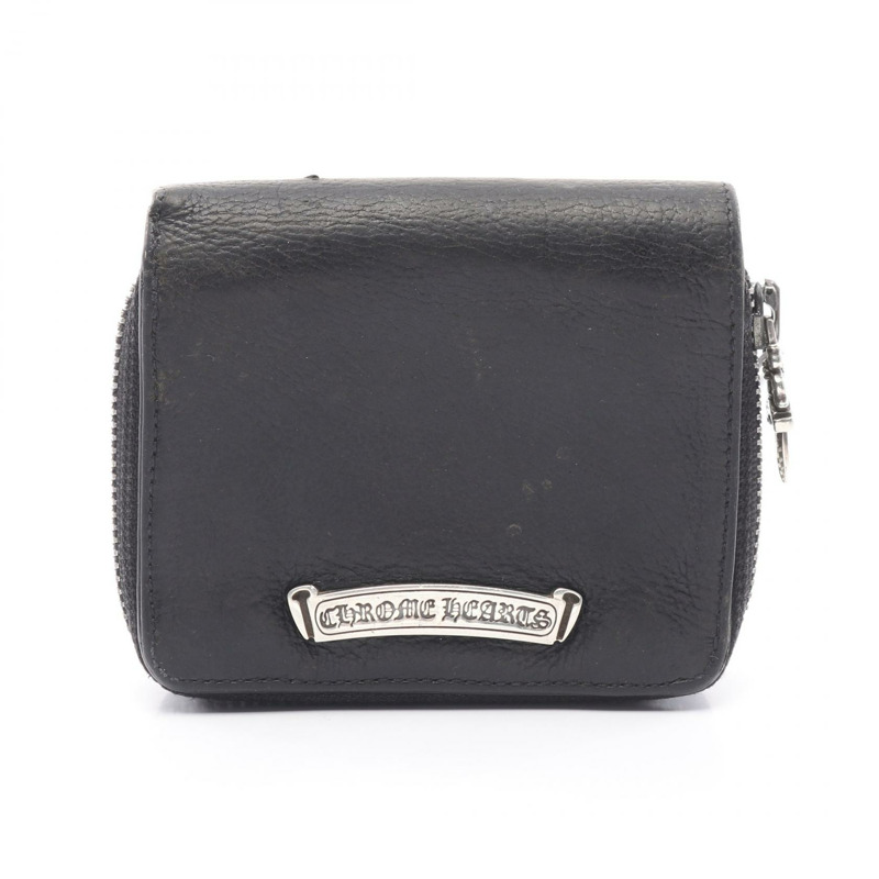 鉻心方形拉鍊皮夾，雙折皮革，黑色，二手-0