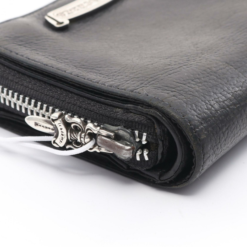 鉻心方形拉鍊皮夾，雙折皮革，黑色，二手-6