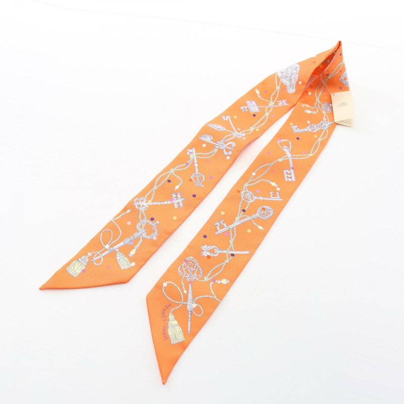 HERMES Twilly LES CLES A POIS 圍巾 絲綢 絲綢 橙色 多色 橙色 二手 女士-3