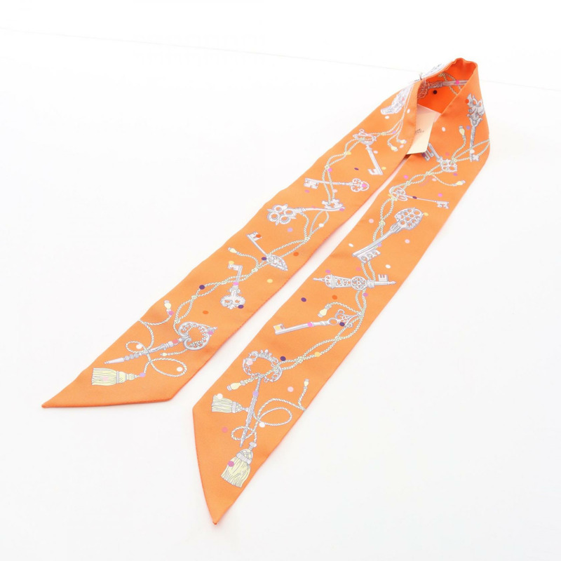 HERMES Twilly LES CLES A POIS 圍巾 絲綢 絲綢 橙色 多色 橙色 二手 女士-4