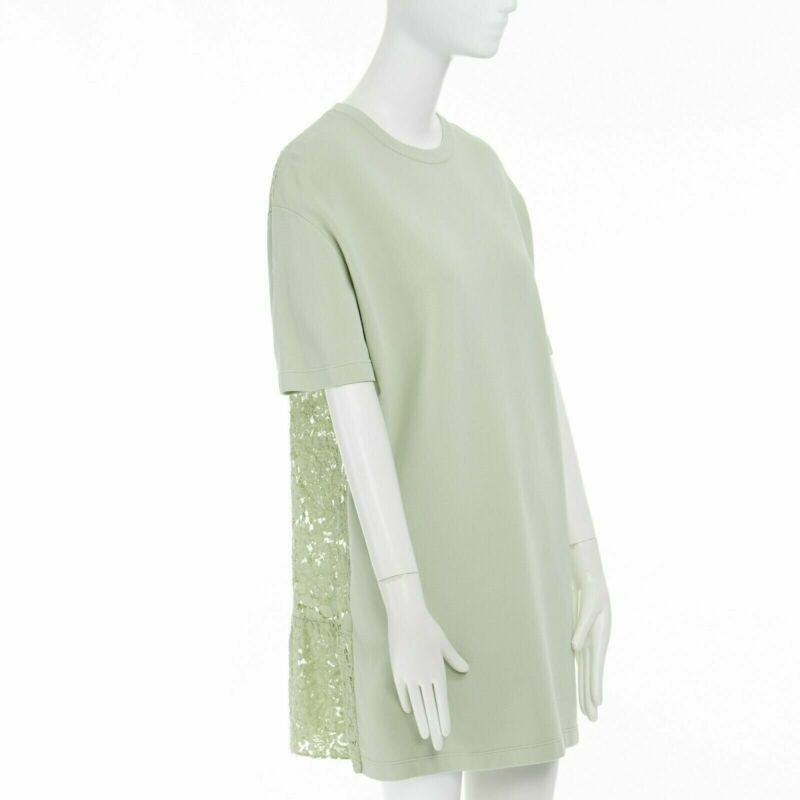 VALENTINO pastel green cotton crepe floral lace pleated back mini dress L-2