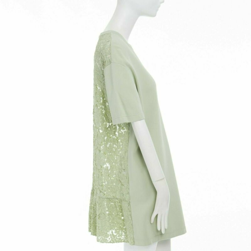 VALENTINO pastel green cotton crepe floral lace pleated back mini dress L-3