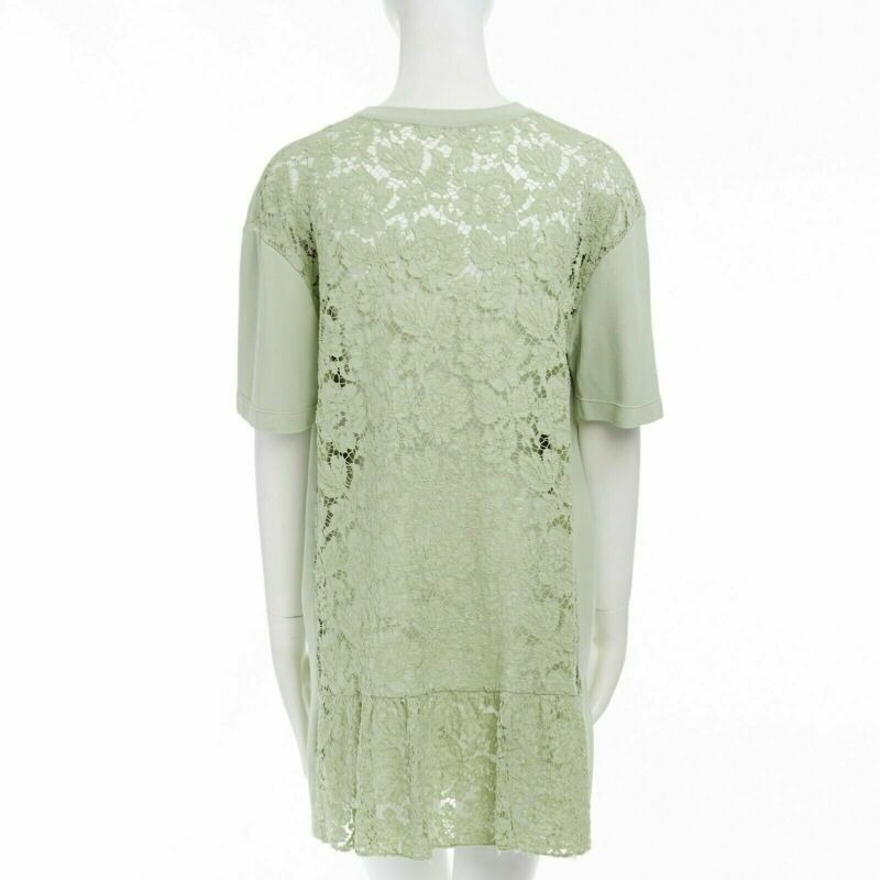 VALENTINO pastel green cotton crepe floral lace pleated back mini dress L-4