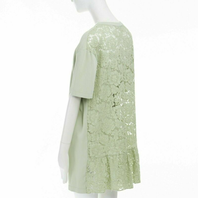 VALENTINO pastel green cotton crepe floral lace pleated back mini dress L-5