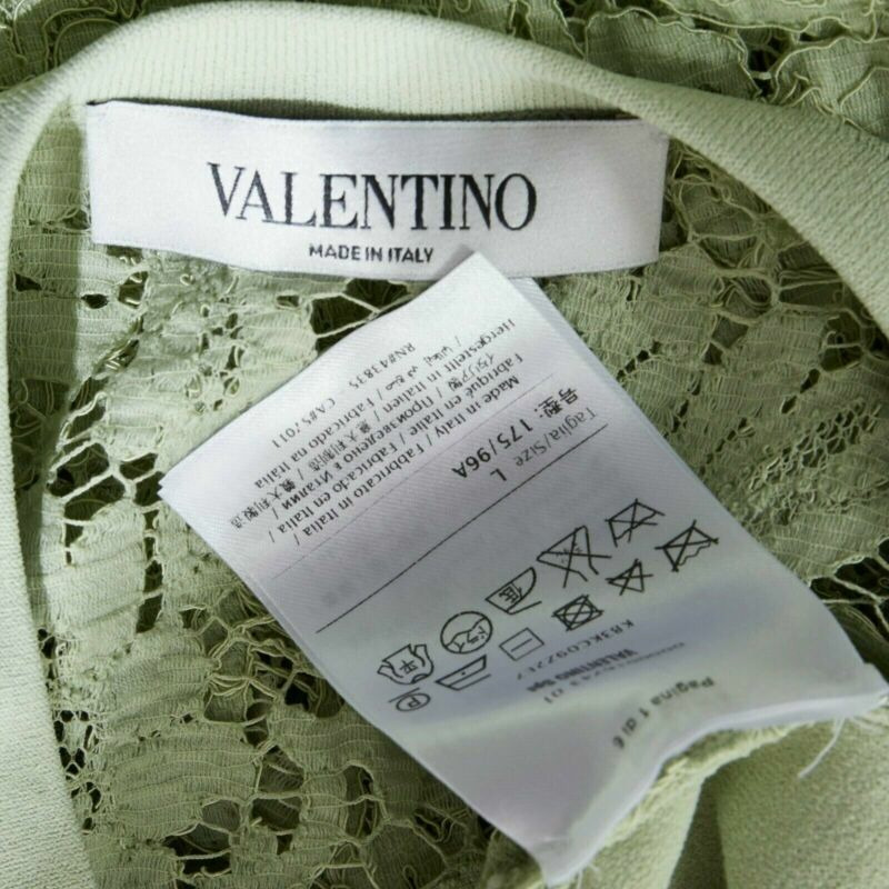 VALENTINO pastel green cotton crepe floral lace pleated back mini dress L-8