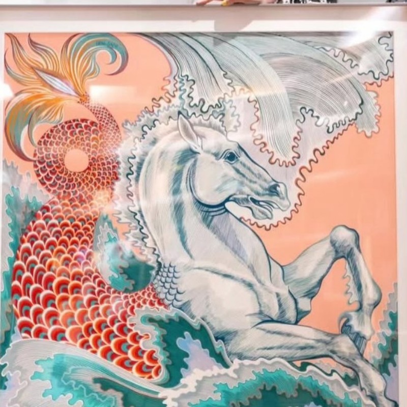 Hermes 愛馬仕 Cheval Sirene 人魚馬 真絲雙面用方巾(玫瑰粉/綠/珊瑚紅) 90-0