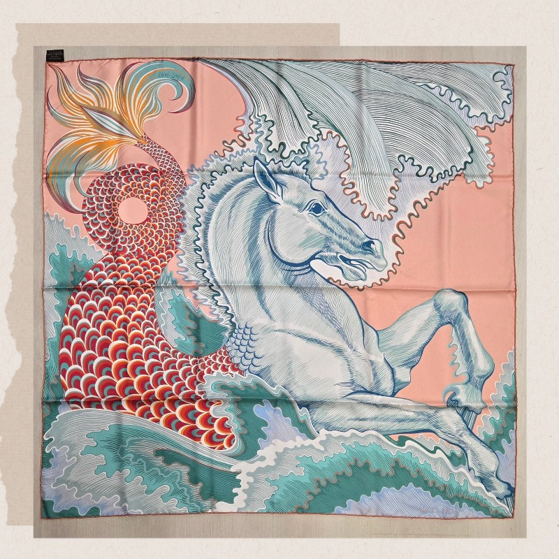 Hermes 愛馬仕 Cheval Sirene 人魚馬 真絲雙面用方巾(玫瑰粉/綠/珊瑚紅) 90-1