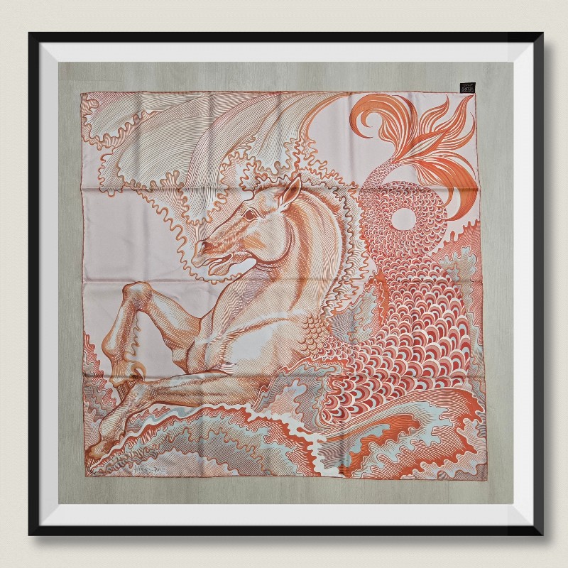 Hermes 愛馬仕 Cheval Sirene 人魚馬 真絲雙面用方巾(玫瑰粉/綠/珊瑚紅) 90-4