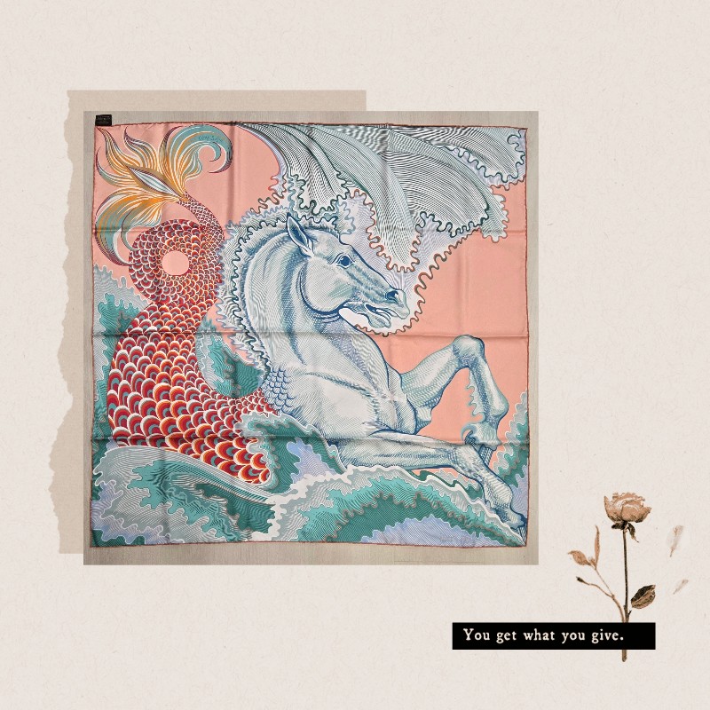 Hermes 愛馬仕 Cheval Sirene 人魚馬 真絲雙面用方巾(玫瑰粉/綠/珊瑚紅) 90-5