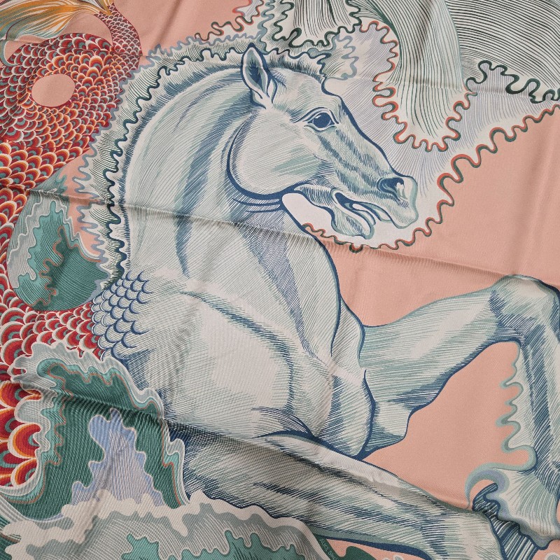 Hermes 愛馬仕 Cheval Sirene 人魚馬 真絲雙面用方巾(玫瑰粉/綠/珊瑚紅) 90-6