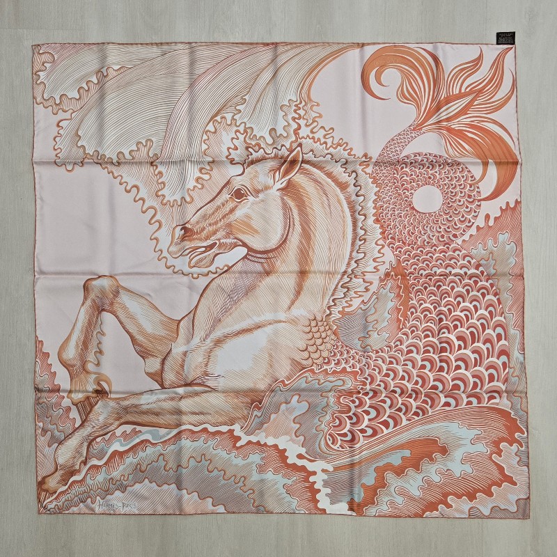 Hermes 愛馬仕 Cheval Sirene 人魚馬 真絲雙面用方巾(玫瑰粉/綠/珊瑚紅) 90-7