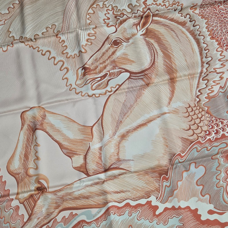 Hermes 愛馬仕 Cheval Sirene 人魚馬 真絲雙面用方巾(玫瑰粉/綠/珊瑚紅) 90-8