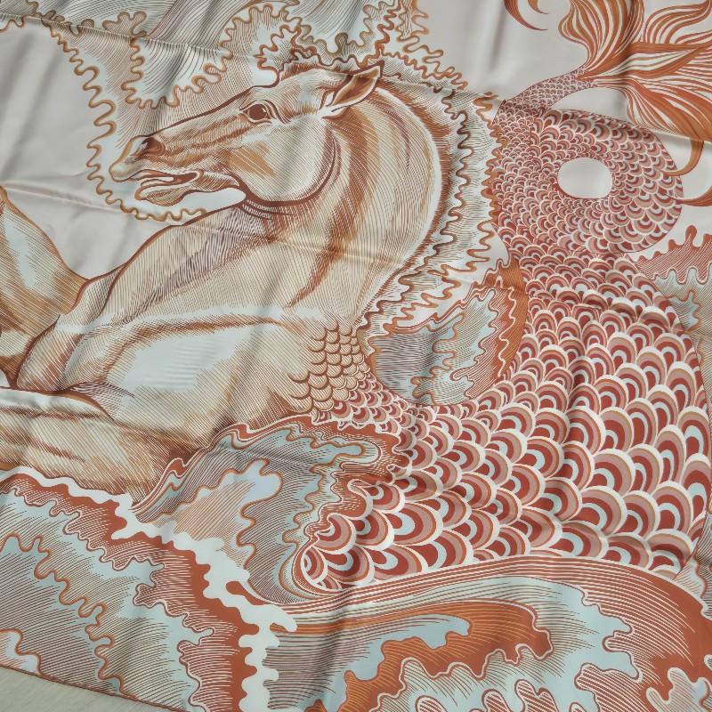 Hermes 愛馬仕 Cheval Sirene 人魚馬 真絲雙面用方巾(玫瑰粉/綠/珊瑚紅) 90-9