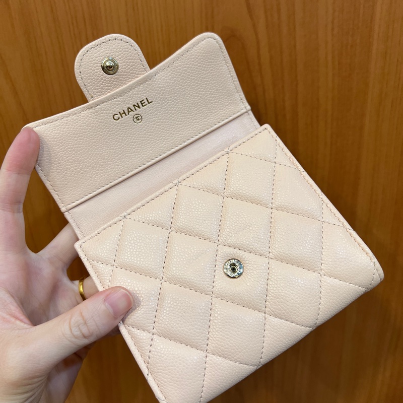 Chanel 淺米色荔枝皮金釦三折短夾AP0231-8