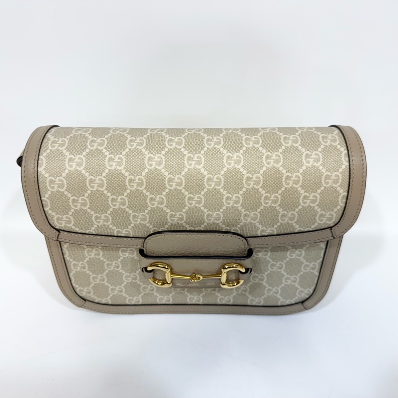 GUCCI燕麥色牛皮老花馬銜扣1955肩側背包602204-1