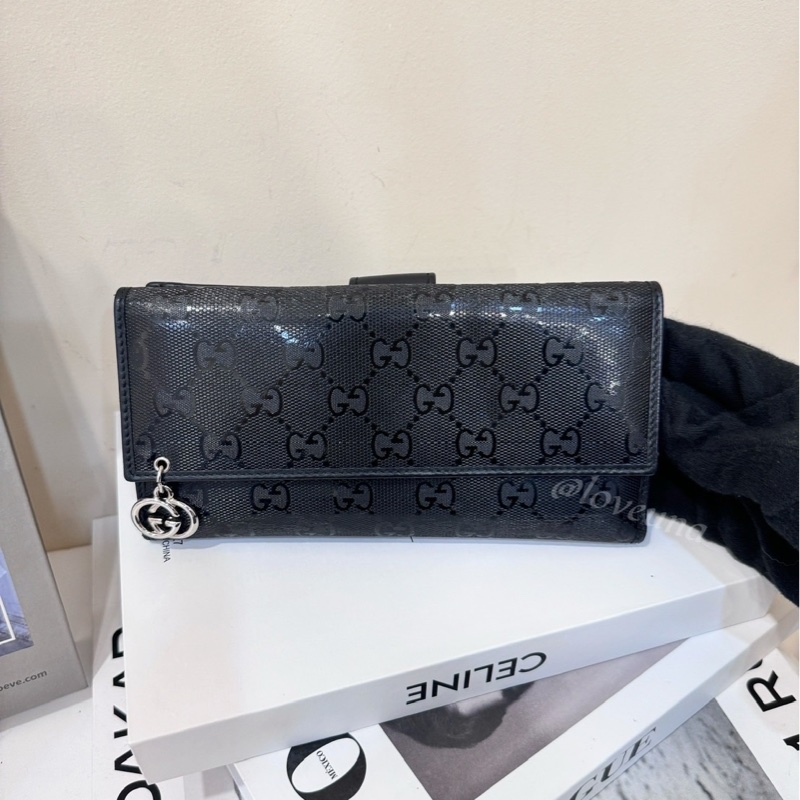 Gucci 塗層帆布銀扣長錢包黑色-0