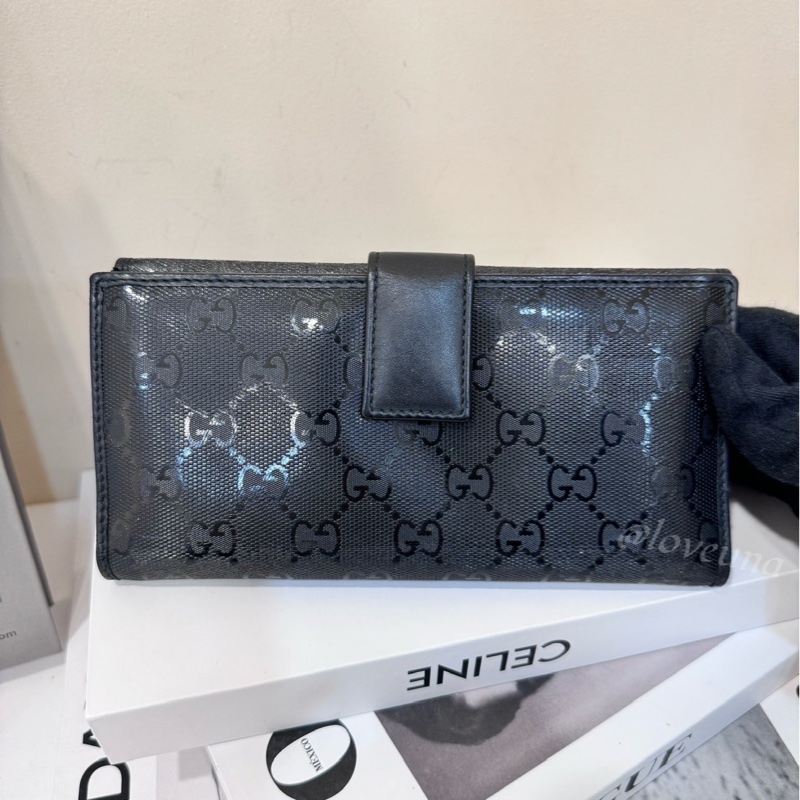 Gucci 塗層帆布銀扣長錢包黑色-6