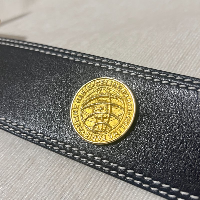 Celine稀有白色車線金球徽章深藍色粗皮帶腰帶 日本中古Vintage-4