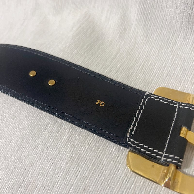 Celine稀有白色車線金球徽章深藍色粗皮帶腰帶 日本中古Vintage-5