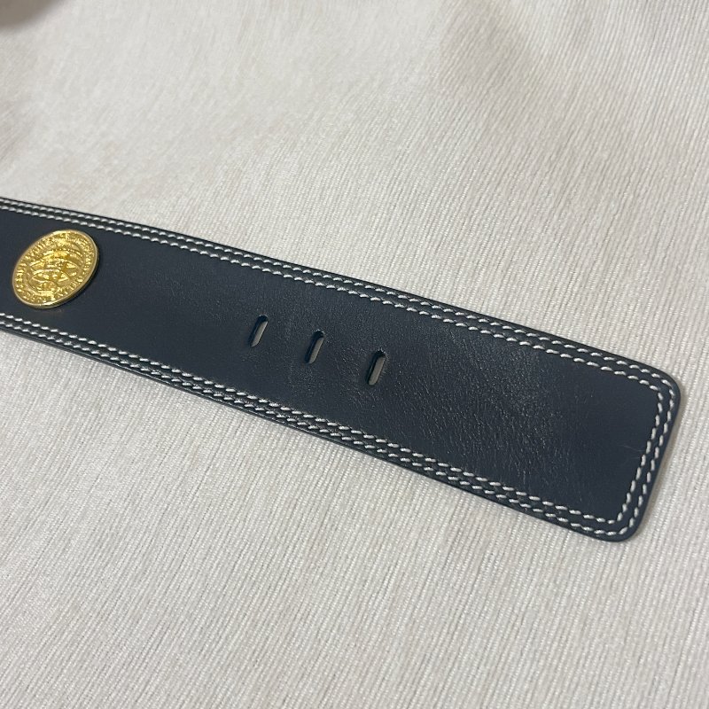Celine稀有白色車線金球徽章深藍色粗皮帶腰帶 日本中古Vintage-6