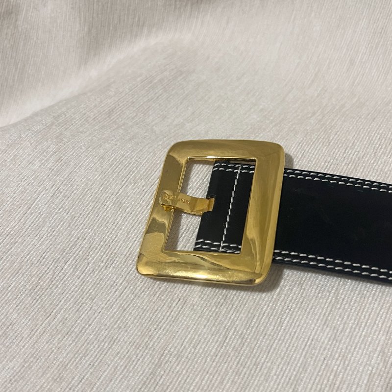 Celine稀有白色車線金球徽章深藍色粗皮帶腰帶 日本中古Vintage-8