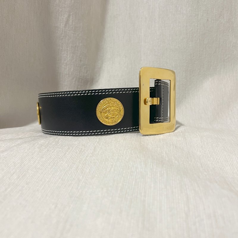 Celine稀有白色車線金球徽章深藍色粗皮帶腰帶 日本中古Vintage-10