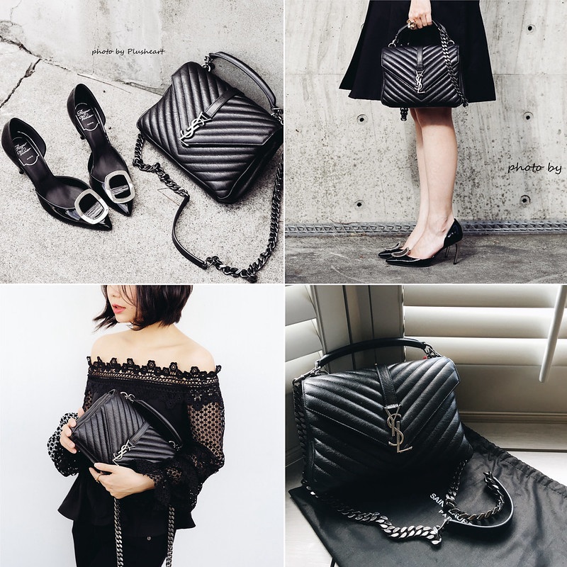 平台近新最低價激甜✨ YSL Saint Laurent College 中型復古金車縫線羊皮學院包/手提/斜背(黑金)-0