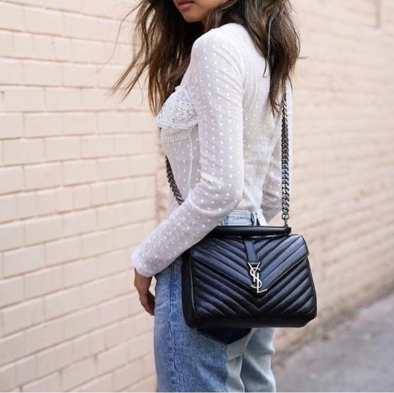 平台近新最低價激甜✨ YSL Saint Laurent College 中型復古金車縫線羊皮學院包/手提/斜背(黑金)-1