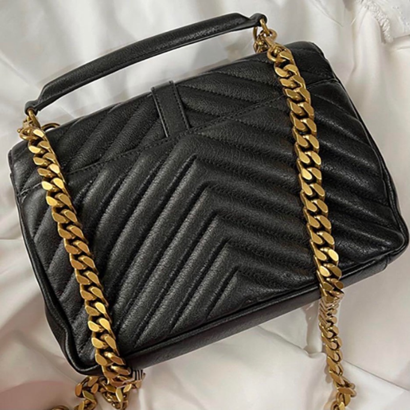 平台近新最低價激甜✨ YSL Saint Laurent College 中型復古金車縫線羊皮學院包/手提/斜背(黑金)-3