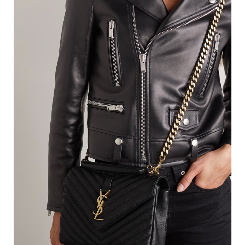 平台近新最低價激甜✨ YSL Saint Laurent College 中型復古金車縫線羊皮學院包/手提/斜背(黑金)-4