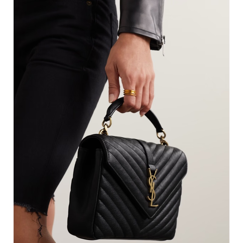平台近新最低價激甜✨ YSL Saint Laurent College 中型復古金車縫線羊皮學院包/手提/斜背(黑金)-5