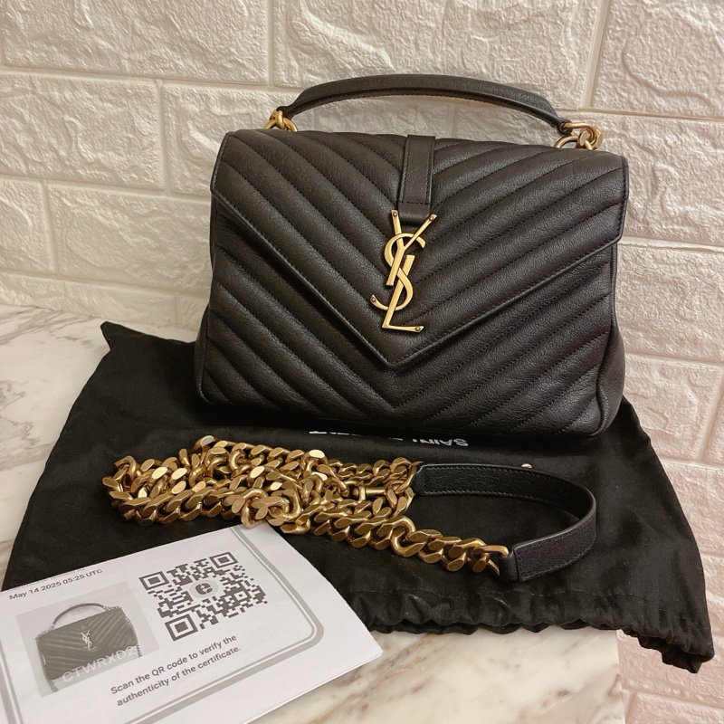 平台近新最低價激甜✨ YSL Saint Laurent College 中型復古金車縫線羊皮學院包/手提/斜背(黑金)-8