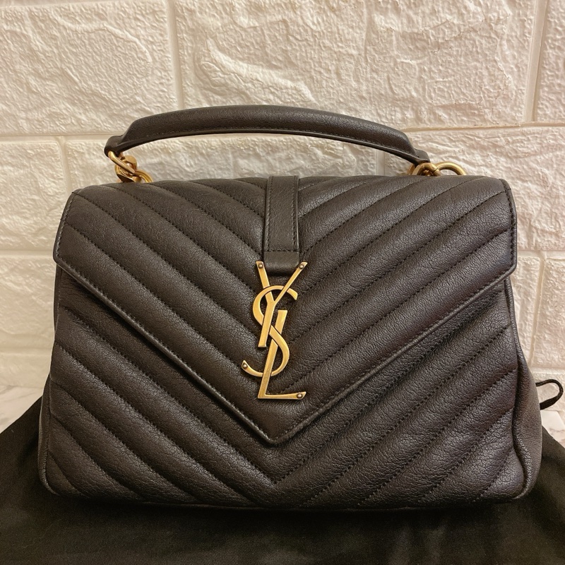 平台近新最低價激甜✨ YSL Saint Laurent College 中型復古金車縫線羊皮學院包/手提/斜背(黑金)-9