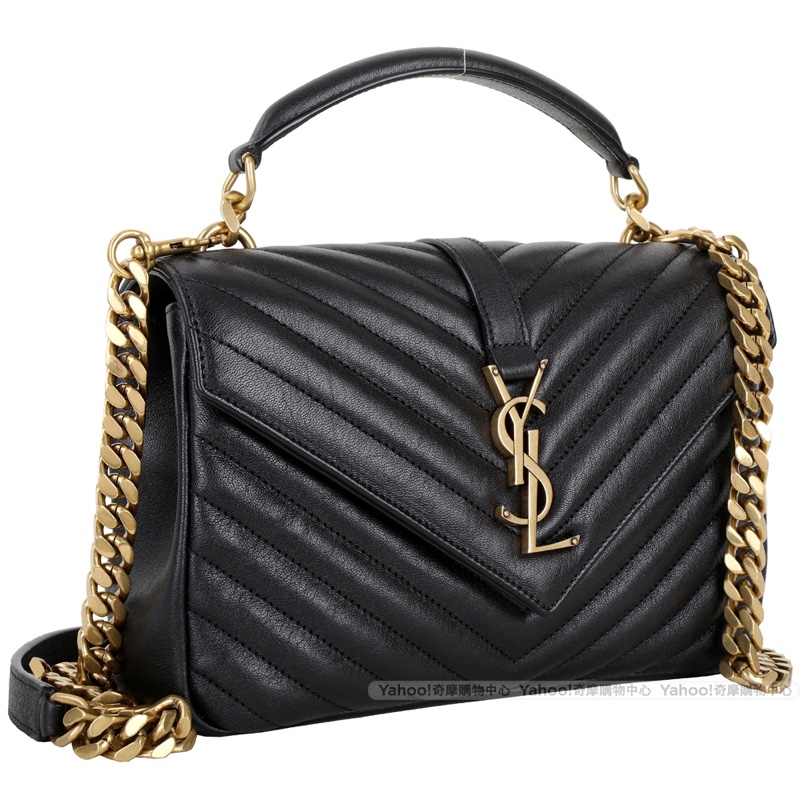 平台近新最低價激甜✨ YSL Saint Laurent College 中型復古金車縫線羊皮學院包/手提/斜背(黑金)-14