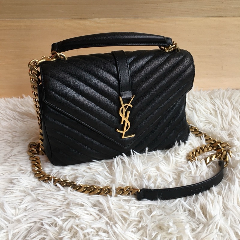 平台近新最低價激甜✨ YSL Saint Laurent College 中型復古金車縫線羊皮學院包/手提/斜背(黑金)-15