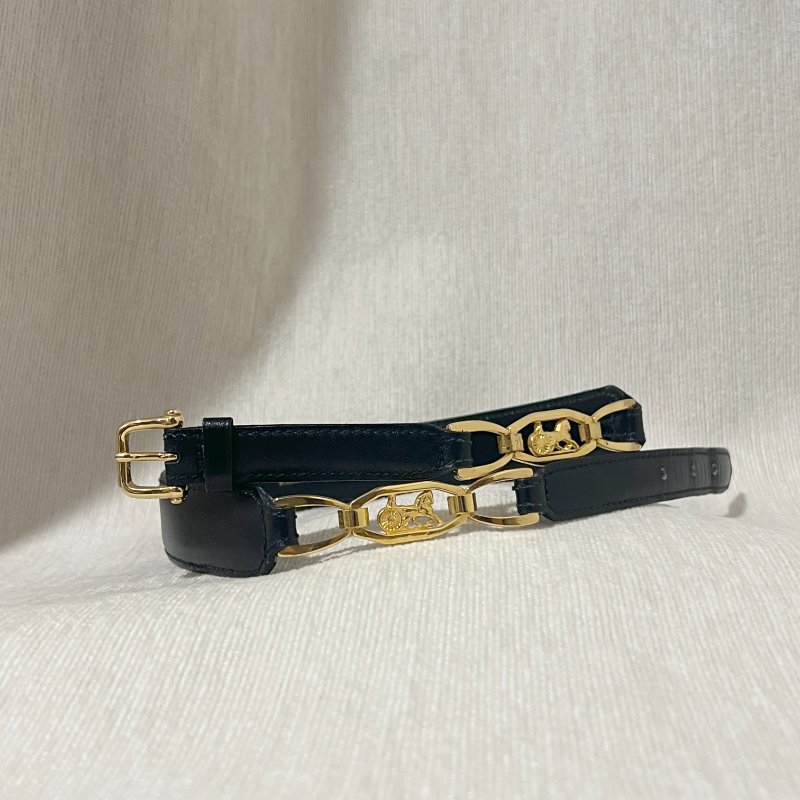 Celine稀有黑色皮帶金色馬車皮帶腰帶 日本中古Vintage-0