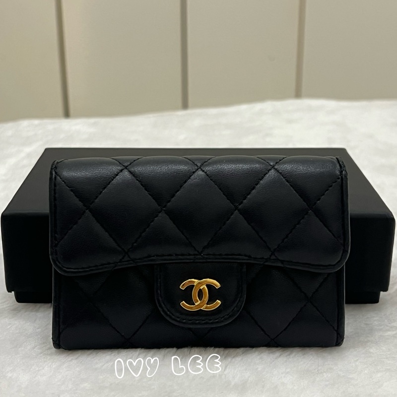 Chanel 香奈兒 黑雙C logo羊皮釦式零錢包 卡片夾AP0214 正品 二手精品-1