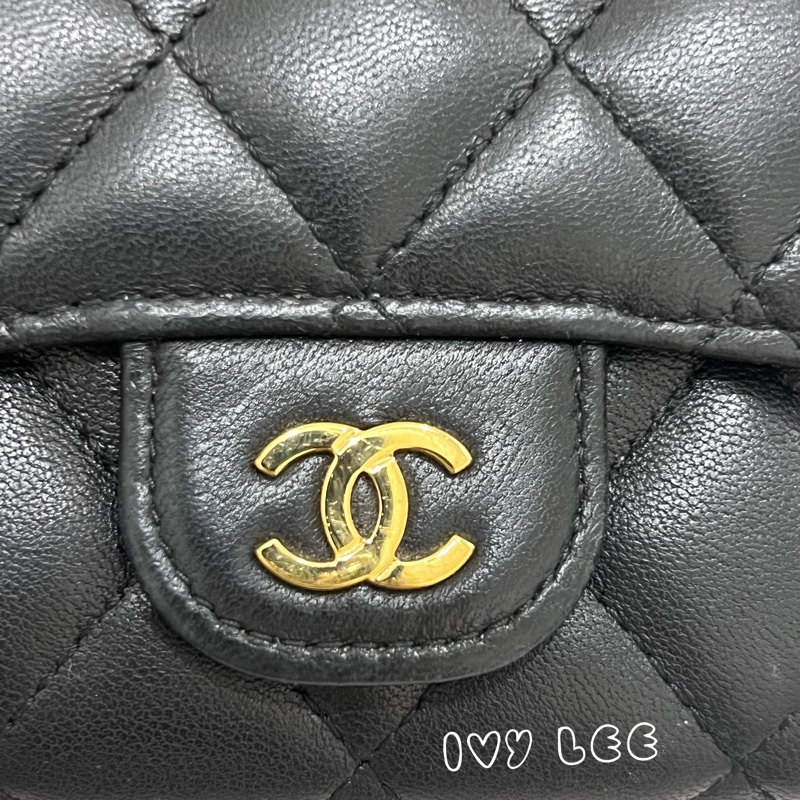 Chanel 香奈兒 黑雙C logo羊皮釦式零錢包 卡片夾AP0214 正品 二手精品-3