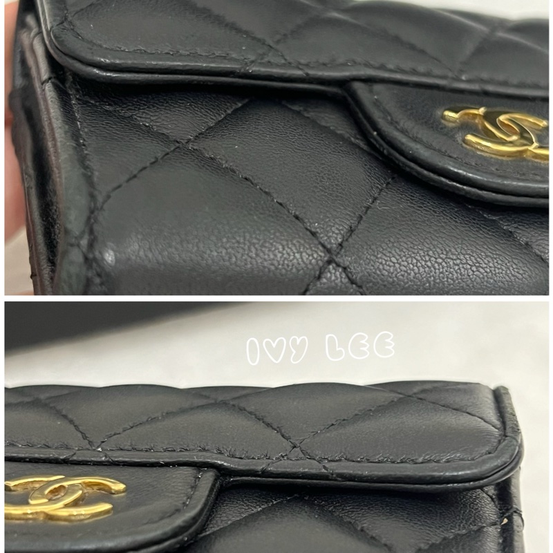 Chanel 香奈兒 黑雙C logo羊皮釦式零錢包 卡片夾AP0214 正品 二手精品-9