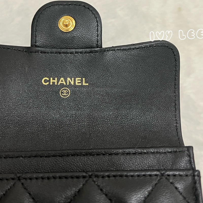 Chanel 香奈兒 黑雙C logo羊皮釦式零錢包 卡片夾AP0214 正品 二手精品-18