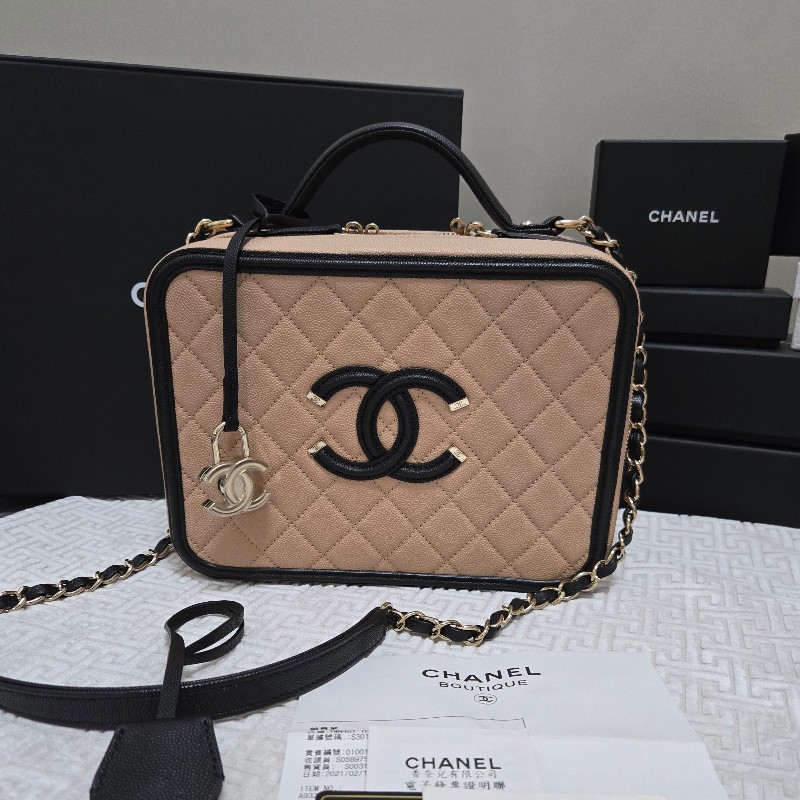 香奈兒 Chanel vanity 米黑色化妝箱 相機包 奶茶色 附鏡子-4