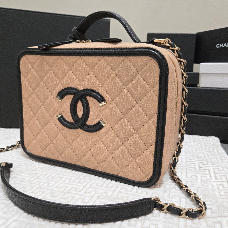 香奈兒 Chanel vanity 米黑色化妝箱 相機包 奶茶色 附鏡子-7