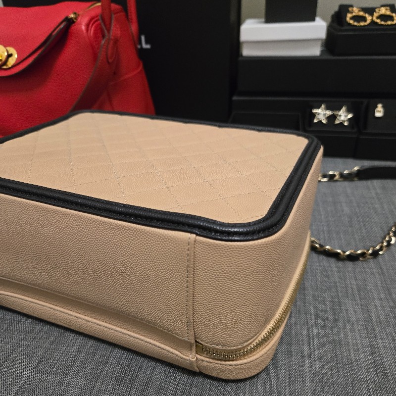 香奈兒 Chanel vanity 米黑色化妝箱 相機包 奶茶色 附鏡子-11