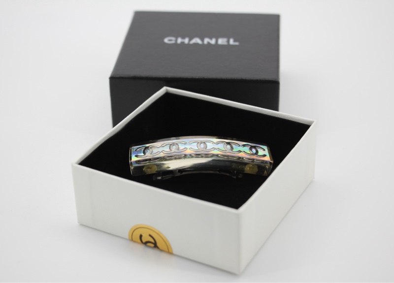 Chanel Vintage 97P幻彩樹脂銀色五個CC Logo髮夾-6