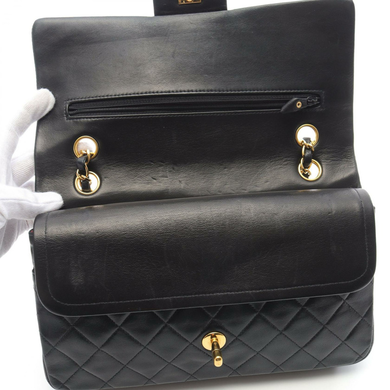 CHANEL Matelasse W 翻蓋鏈條單肩包 A01112 羔羊皮 黑色 二手-6