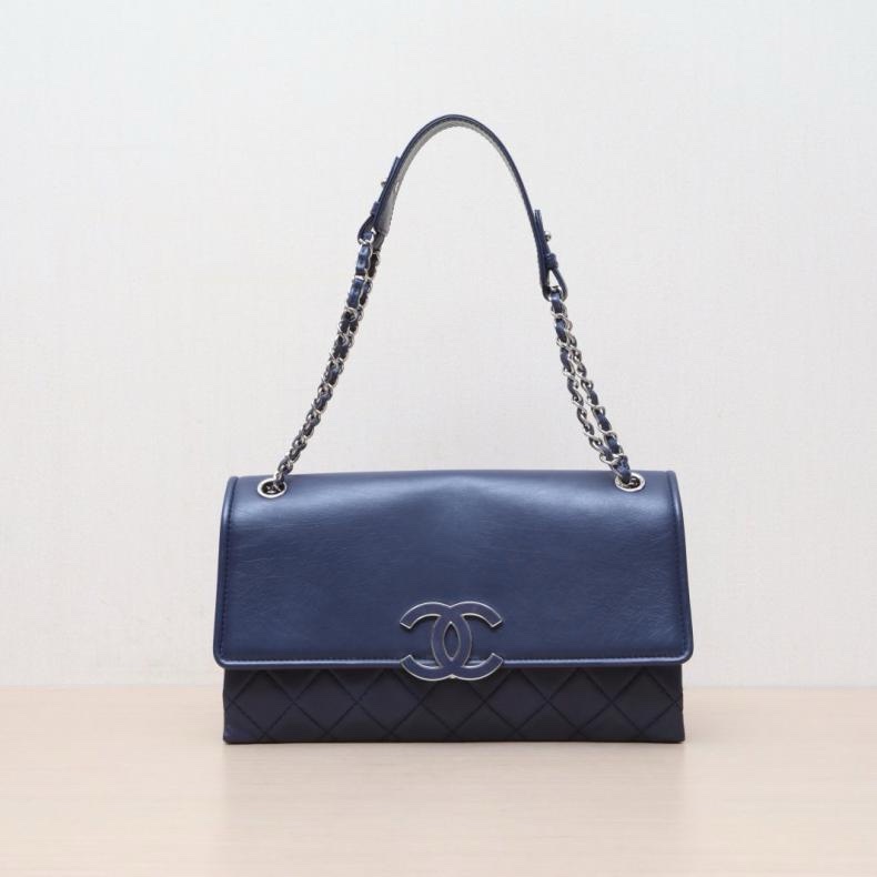 CHANEL(香奈兒) 墨藍色 19開 銀扣 CF 季節款口蓋包 大琺瑯扣風琴包30CM單肩包-0