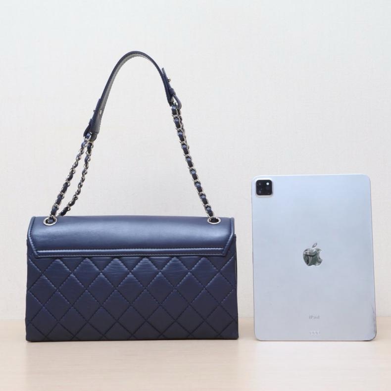 CHANEL(香奈兒) 墨藍色 19開 銀扣 CF 季節款口蓋包 大琺瑯扣風琴包30CM單肩包-2