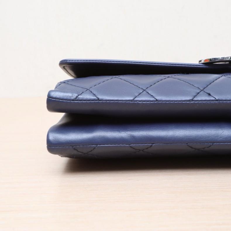 CHANEL(香奈兒) 墨藍色 19開 銀扣 CF 季節款口蓋包 大琺瑯扣風琴包30CM單肩包-3