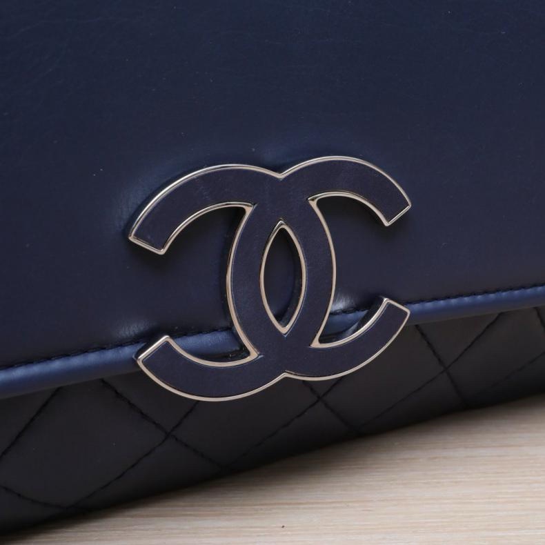 CHANEL(香奈兒) 墨藍色 19開 銀扣 CF 季節款口蓋包 大琺瑯扣風琴包30CM單肩包-5